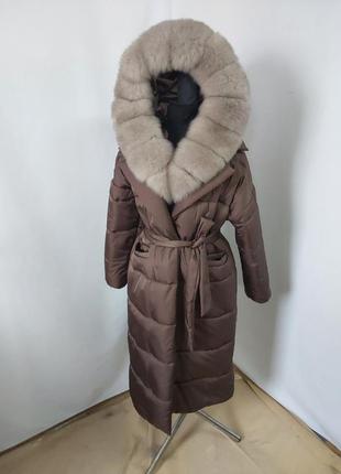 Женское пальто с натуральным мехом песца в окрасе соболь, 42-56 размерный ряд2 фото