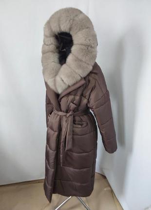 Женское пальто с натуральным мехом песца в окрасе соболь, 42-56 размерный ряд10 фото