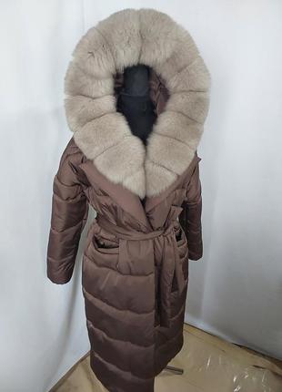 Женское пальто с натуральным мехом песца в окрасе соболь, 42-56 размерный ряд5 фото