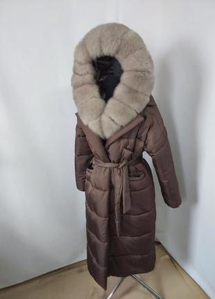 Женское пальто с натуральным мехом песца в окрасе соболь, 42-56 размерный ряд9 фото
