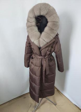 Женское пальто с натуральным мехом песца в окрасе соболь, 42-56 размерный ряд8 фото