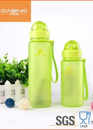 Бутылка для воды из качественного пластика casno 400 мл зеленая с соломинкой  для спорта для трениро