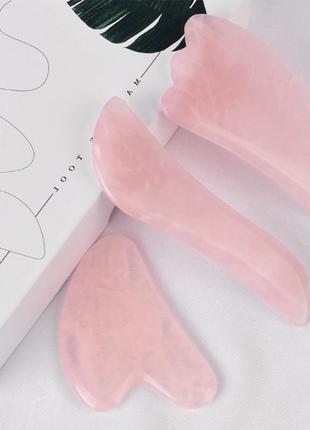 Для масажу обличчя набір із трьох шкребків гуа ша  lesko wt-618 рожевий кристал із натурального каменю