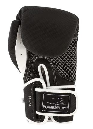 Боксерские перчатки  тренировочные powerplay черно-белые карбон 14 унций10 фото