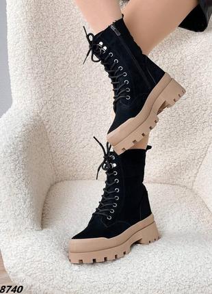 Жіночі замшеві демі черевики на флісі еко замша чорні бежева підошва ботинки осінь весна осінні весняні сапожки демісезон