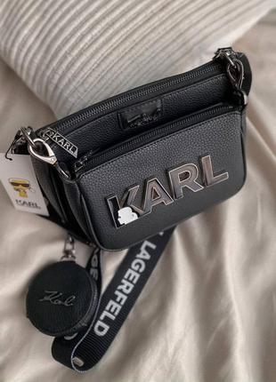 Женская черная сумка с двух частей и широким ремнем через плечо karl lagerfeld🆕 кросс боди