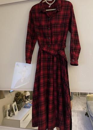 Сукня червона в клітинку довжини міді а-силуету зара з карманами7 фото