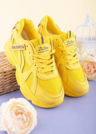 Стильные желтые яркие кроссовки на платформе толстой подошве массивные модные кроссы сетка текстиль