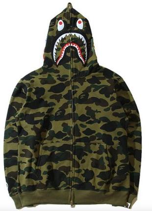 Худи bape shark camo хаки / брендовая мужская кофта на застежке бейп шарк зеленая1 фото