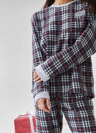 Тепла жіноча флісова піжама в клітинку, флісовий домашній костюм клітчастий