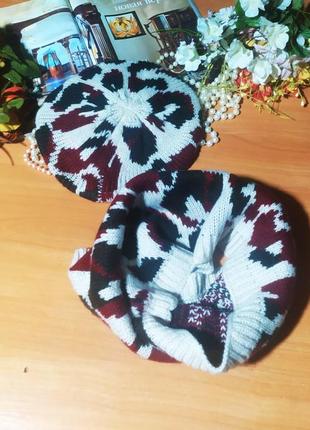 Мега-классный вязаный женский набор комплект шапка шарф снуд хомут бежевый тигровый новый бордовый