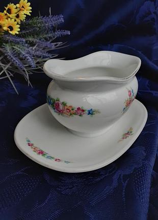 1930-е! 💐 z. m. czechoslovakia антикварный старорольский фарфор соусник на подставке подносе деколь розы цветы винтаж редкость чехословакия 3
