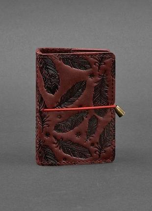 Визитница кожаная бордовий с перьями