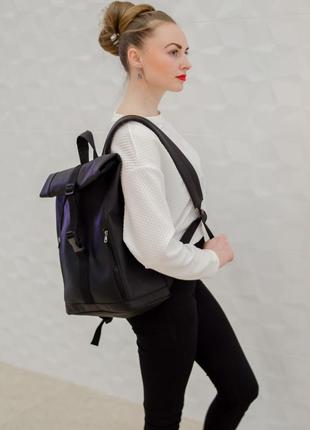 Рюкзак большой женский раскладной рюкзак рол кожаный эко черный3 фото