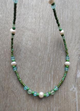 Тренд чокер, намисто, кольє, буси, підвіска, натуральний камінь (авантюрин), річкові перли (перлини), чеський бісер під бирюзу, муранське скло3 фото