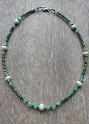Тренд чокер, намисто, кольє, буси, підвіска, натуральний камінь (авантюрин), річкові перли (перлини), чеський бісер під бирюзу, муранське скло2 фото