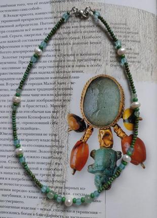 Тренд чокер, намисто, кольє, буси, підвіска, натуральний камінь (авантюрин), річкові перли (перлини), чеський бісер під бирюзу, муранське скло4 фото