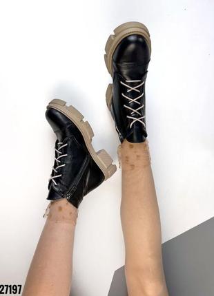 Женские кожаные деми ботинки на флисе натуральная кожа черные бежевая подошва осень весна демисезон полуботинки10 фото