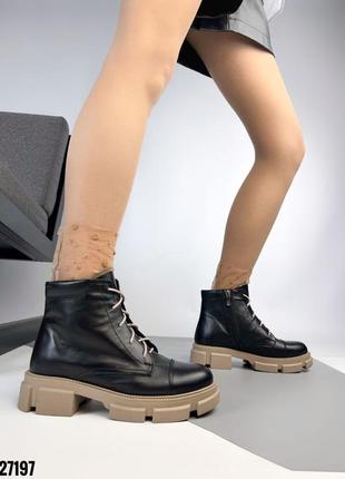 Женские кожаные деми ботинки на флисе натуральная кожа черные бежевая подошва осень весна демисезон полуботинки6 фото
