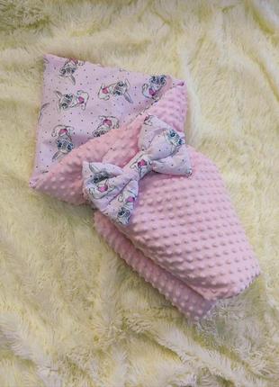 Зимний плюшевый конверт одеяло для новорожденных девочек, розовый с принтом зайки1 фото