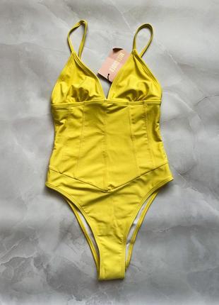 Сдельный слитный купальник желтый женский с утяжкой талии бразилиана треугольник missguided1 фото