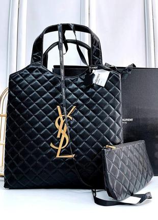 Чорна шкіряна сумка шоппер лоран ysl maxi shopping bag black