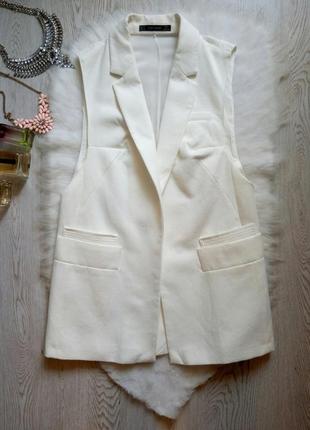 Білий лляний кардиган довгий жакет жилетка з коміром сітка кишені бренд zara