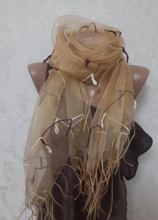 Шовковий  шарф палантин  натуральна органза з китицями7 фото