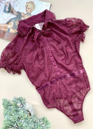 Шикарний мереживний боді стрінг винного кольору