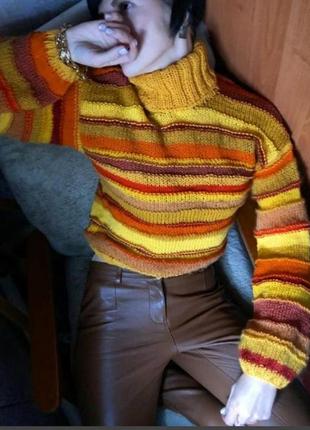 Эксклюзивный полосатый свитер рыжий оранжевый тыква мохер шерсть