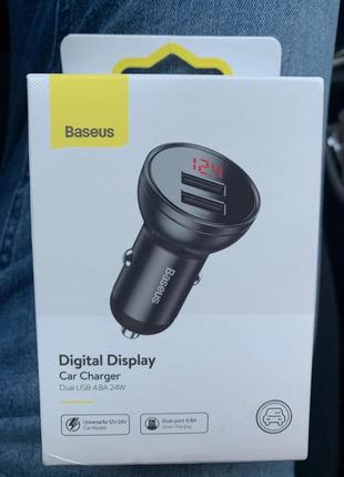 Прикуриватель автомобильный baseus 24w 2-usb с led диспьем car charger