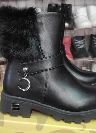 Зимние ботинки на каблуке для девочки черные с мехом  33,34,35,36,373 фото