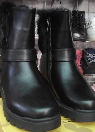 Зимние ботинки на каблуке для девочки черные с мехом  33,34,35,36,374 фото