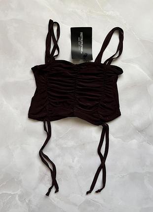 Топік кроп топ жіночий коричневий шоколадний на тонких бретельках зав'язки сборка