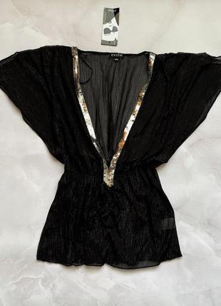 Чорна пляжна туніка футболка сітка парео сукня з блискітками декольте виріз з коротким рукавом1 фото