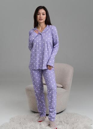 Жіноча піжама на ґудзиках зі штанами - бузкова в горошок