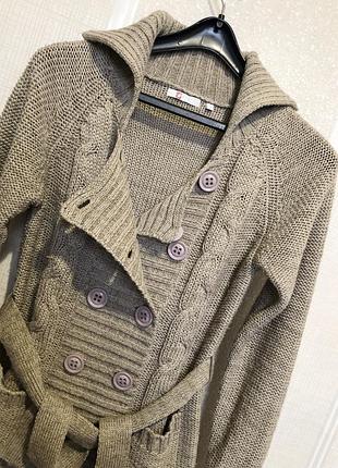 Кардиган вязаный молочный/ кофейный на запах с поясом