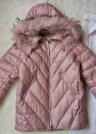Рожева перламутрова оверсайз дитяча куртка зимовий пуховик для дівчинки з хутром зимове пальто