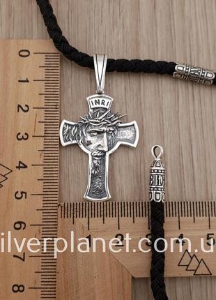 Комплект! мужской серебряный крестик и шелковый шнурок с серебряными вставками. православный кулон и шнур 3 мм3 фото