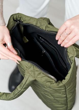 Жіноча сумка хакі сумка нейлонова сумка пуховик сумка подушка стьобана сумка зелений шопер3 фото