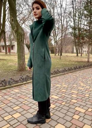 Пальто женское на подкладке замшевое новое стильное зеленое