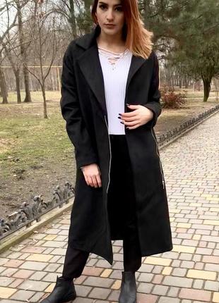 Чёрное женское пальто замш на молнии и подкладке новое размеры и цвета1 фото