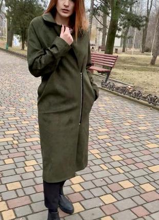Пальто замш весна 2019 підкладка хакі зелений нове кольори і розміри