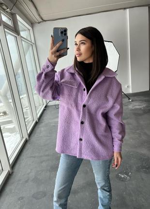 Бузкова шубка-сорочка на ґудзиках з кишенею  стильна трендова весняна осіння тедді овчина еко хутко олива