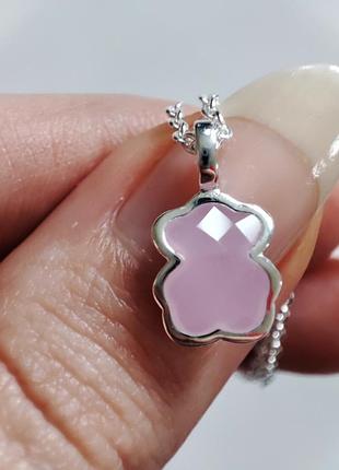 Ожерелье набор тоус розовый кварц мишка серебряный3 фото