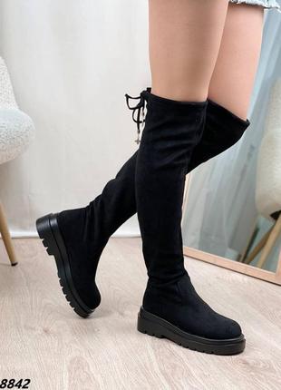 Жіночі високі замшеві чобітки ботфорти чорні на флісі еко замша демісезон весна осінь сапожки2 фото