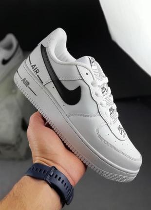 Мужские летние кожаные кроссовки nike air force 1 белые с черным крутые весенние кросовки найк аир форс