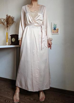Нічна пеньюар-сорочка комбінація халат бежеве плаття домашнє для сну донний мереживо6 фото