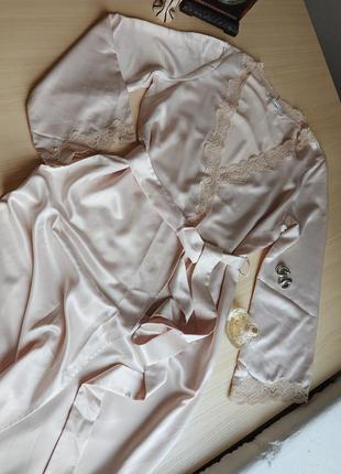 Нічна пеньюар-сорочка комбінація халат бежеве плаття домашнє для сну донний мереживо2 фото