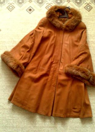 36-42р. замшеве пальто-свінгер з капюшоном, шкіра, хутро